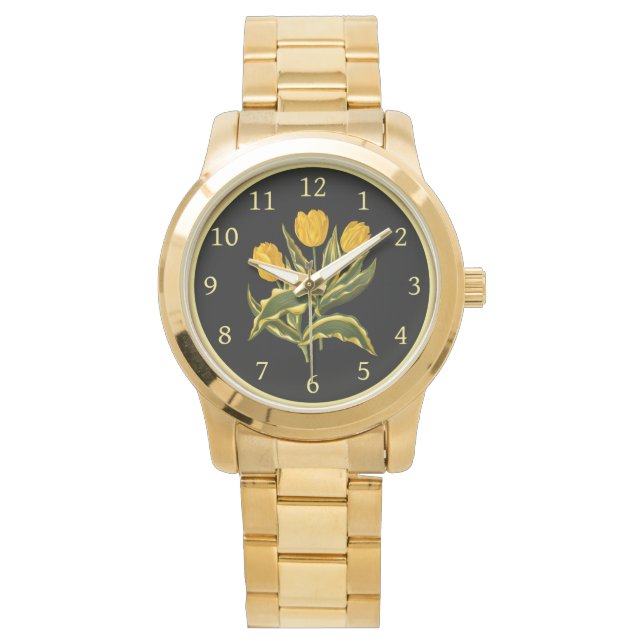 Reloj De Pulsera Único Tulip Amarillo Temprano 006 ~ Arte Botánico  (Anverso)