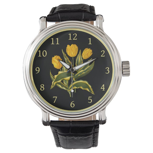 Reloj De Pulsera Único Tulip Amarillo Temprano 006 ~ Arte Botánico  (Anverso)