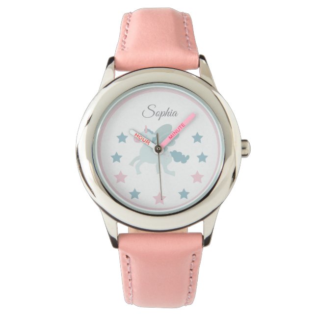 Reloj De Pulsera Unicorn Custom Name Cute Pink Blue  (Anverso)