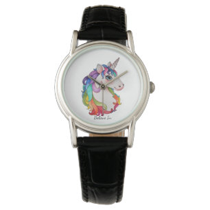 Reloj De Pulsera Unicornio acuarela con pelo de arco iris