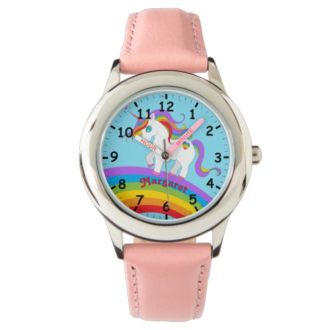 Reloj De Pulsera Unicornio arcoiris con cielo azul claro y corazón (Anverso)