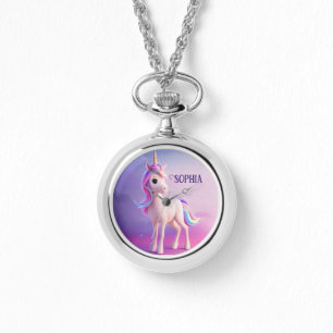 Reloj De Pulsera Unicornio blanco lindo con forma rosa y azul