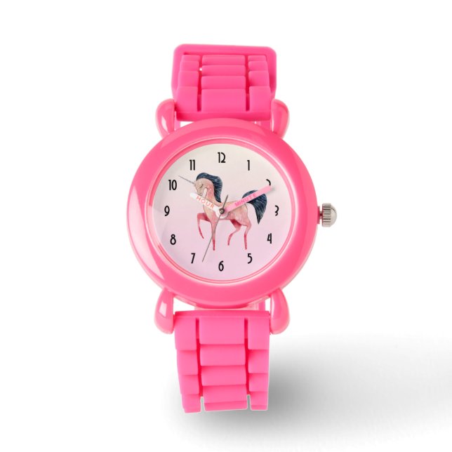 Reloj De Pulsera Unicornio nórdico rosa con mango negro (Anverso)