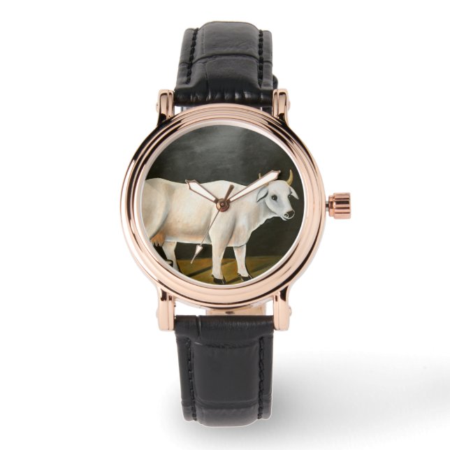 Reloj De Pulsera Vaca blanca sobre fondo negro (animal de granja) (Anverso)