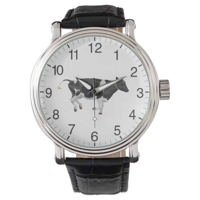 Reloj De Pulsera Vaca blanca y negra en marcha (Anverso)