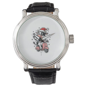 Reloj De Pulsera Vaca de Navidad montando scooter rosa vintage vect