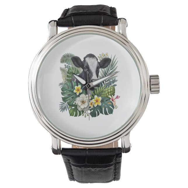 Reloj De Pulsera Vaca en selva floral, vaca tropical (Anverso)