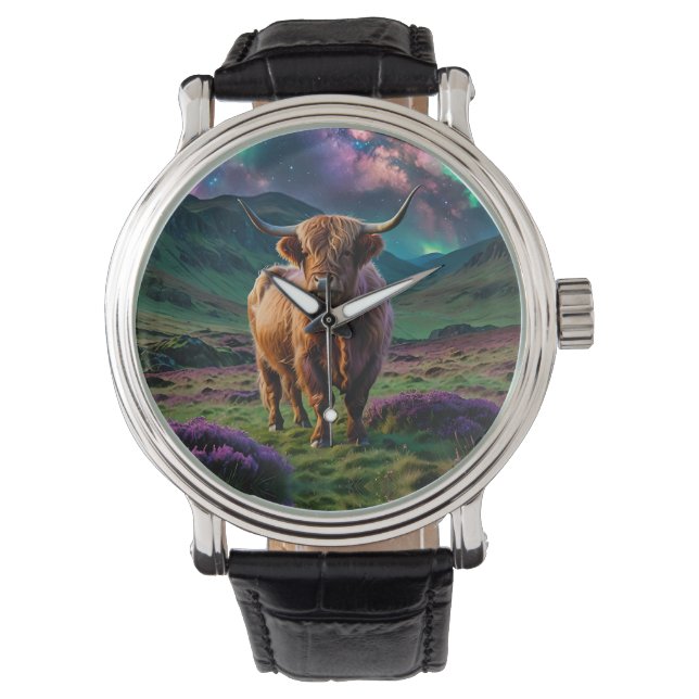 Reloj De Pulsera Vaca Highland Bajo Las Estrellas (Anverso)