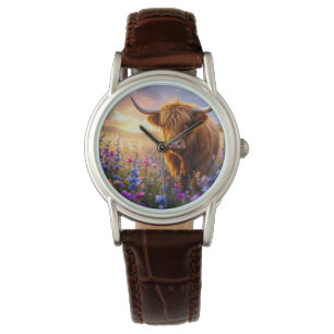 Reloj De Pulsera Vaca Highland en un campo de flores coloridas
