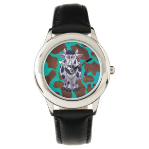 Reloj De Pulsera Vaca Marrón y Estampado de Azul Turquesa
