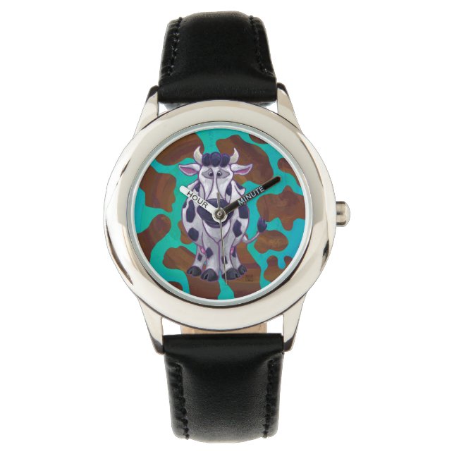 Reloj De Pulsera Vaca Marrón y Estampado de Azul Turquesa (Anverso)
