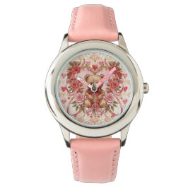 Reloj De Pulsera Valentine's ,Teddy Bear,Pink Love Heart and Flower