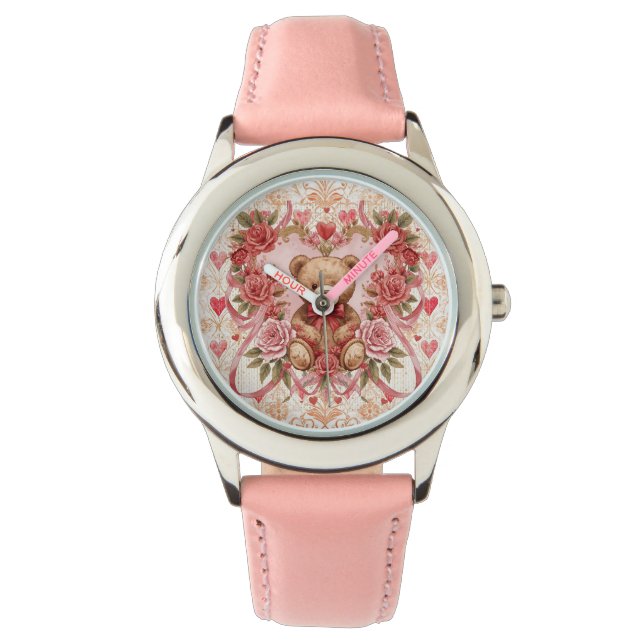 Reloj De Pulsera Valentine's ,Teddy Bear,Pink Love Heart and Flower (Anverso)