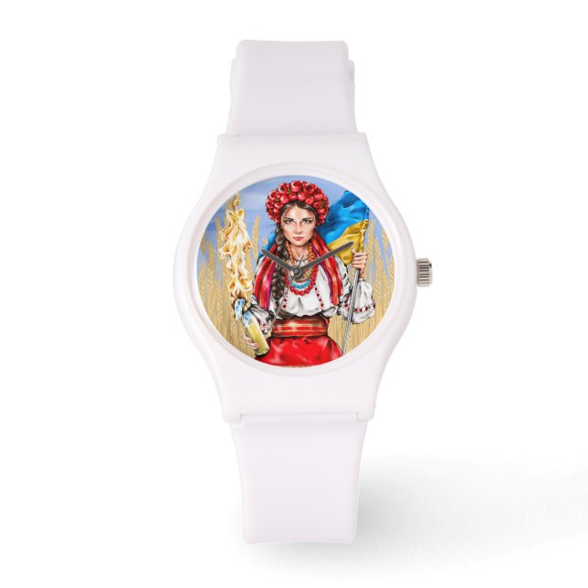 Reloj De Pulsera Valiente apoyo de bandera ucraniana de mujer ucran (Anverso)