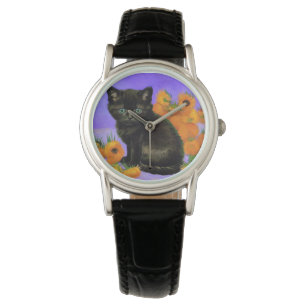 Reloj De Pulsera Van Gogh Black Kitten con girasoles