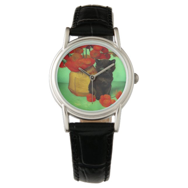 Reloj De Pulsera Van Gogh Black Kitten Red Flowers (Anverso)