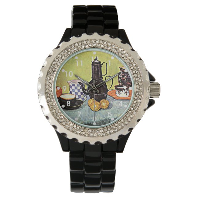 Reloj De Pulsera Van Gogh: Vida fija con café con esmalte azul (Anverso)