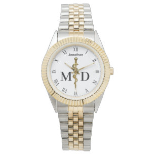 Reloj De Pulsera Vara de Asclepio Oro sobre Blanco Médico MD