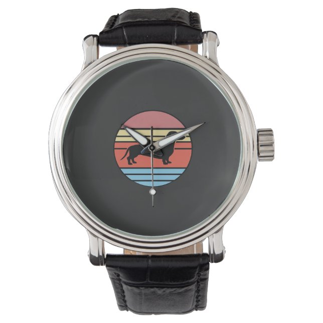 Reloj De Pulsera Vector Atardecer Perro Dachshund Retro (Anverso)
