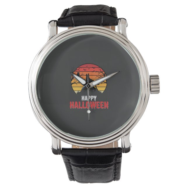 Reloj De Pulsera Vector Lobo Atardecer Feliz Halloween (Anverso)