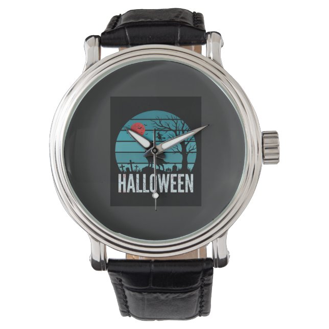 Reloj De Pulsera Vector Luna Cementerio Lobo Halloween (Anverso)