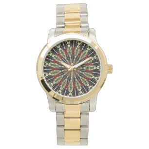 Reloj De Pulsera Ventana de vidrio manchado rojo y dorado Kaleidosc