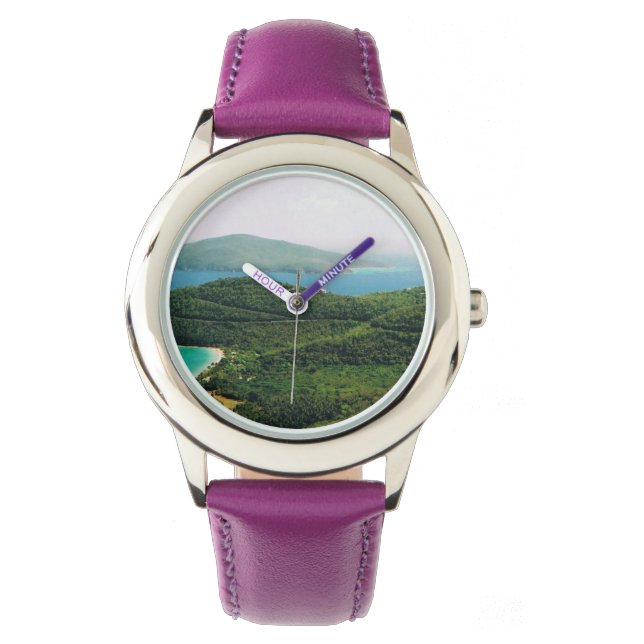 Reloj De Pulsera Ver con banda morada y escena caribeña (Anverso)