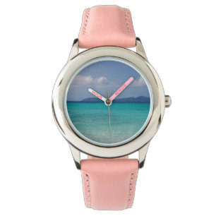Reloj De Pulsera Ver con banda rosa y escena caribeña
