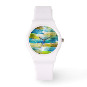 Reloj De Pulsera Verde abstracto de acuarela, azul