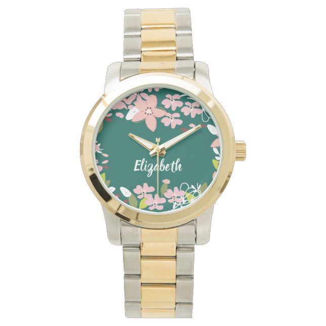 Reloj De Pulsera Verde con flores rosas personalizadas (Anverso)