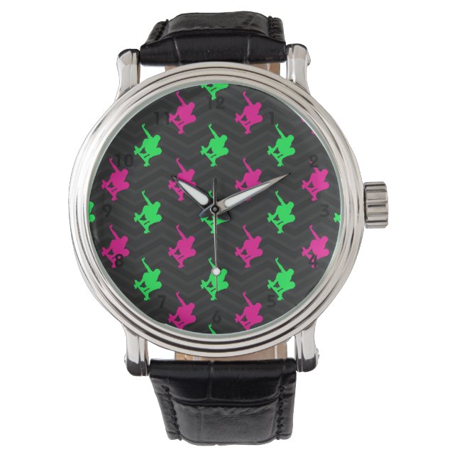Reloj De Pulsera Verde Neón, Rosa Caliente, Escáner, Chevron Negro (Anverso)