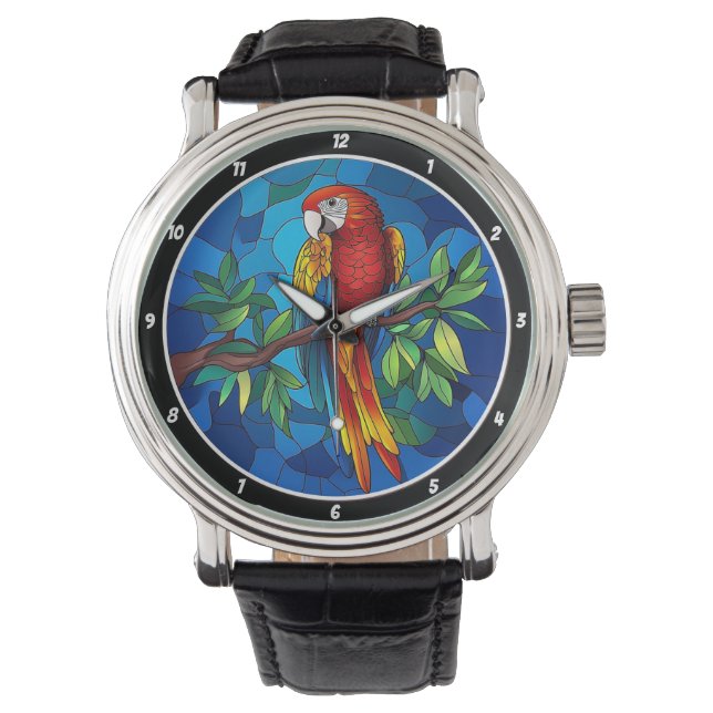 Reloj De Pulsera Vibrant Jungle Jewel" - Stained Glass Parrot Wall (Anverso)