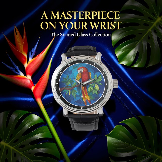 Reloj De Pulsera Vibrant Jungle Jewel" - Stained Glass Parrot Wall (Subido por el creador)