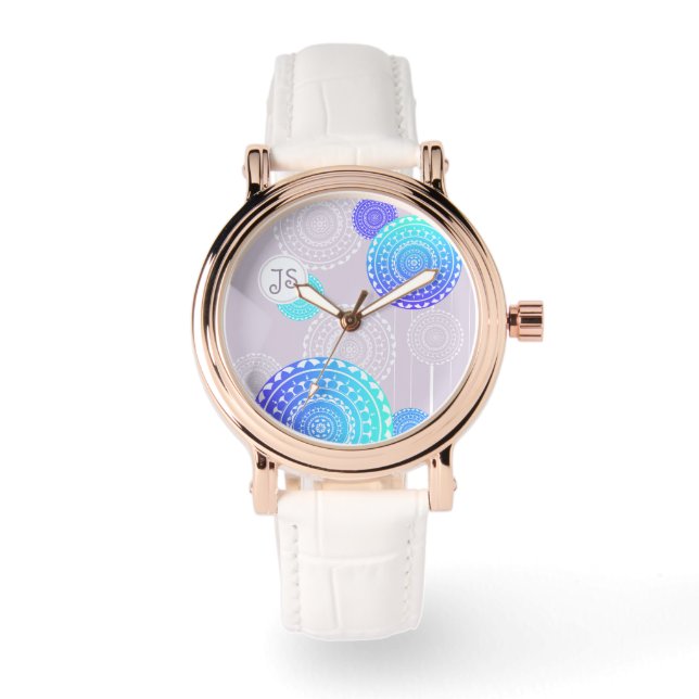 Reloj De Pulsera Vibrante Aqua Blue Mandala en Monograma Rosa (Anverso)