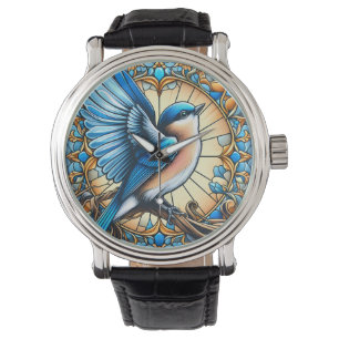 Reloj De Pulsera Vibrante pájaro azul encaramado en vidrio manchado