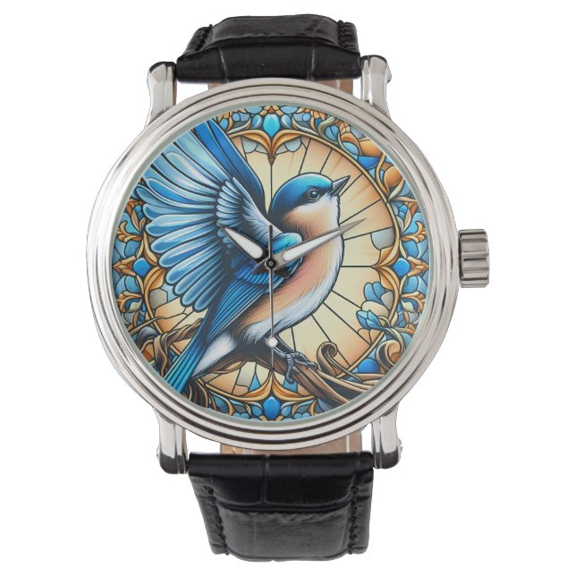 Reloj De Pulsera Vibrante pájaro azul encaramado en vidrio manchado (Anverso)