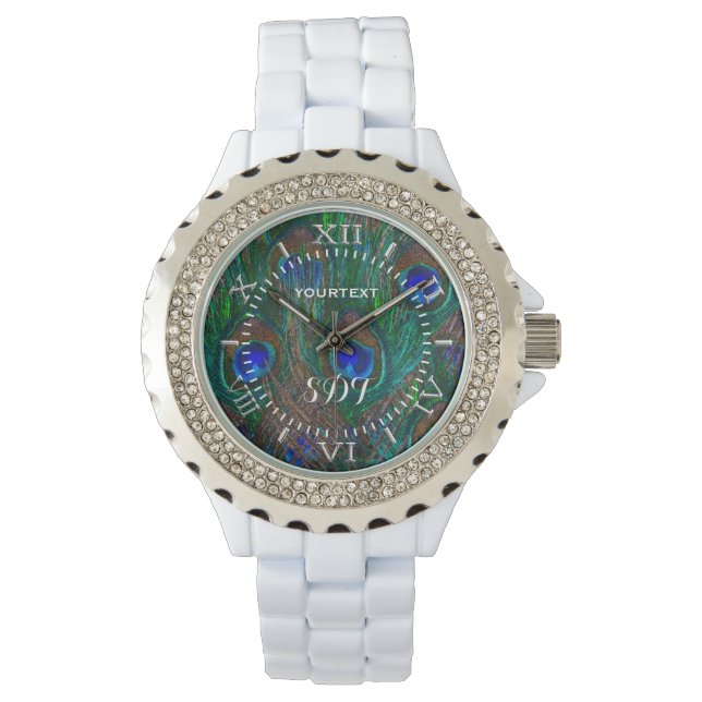 Reloj De Pulsera Vibrante Plumas De Pavo Real Marcando Estilo (Anverso)