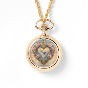 Reloj De Pulsera Victoriano, corazón dorado con flores y palabras