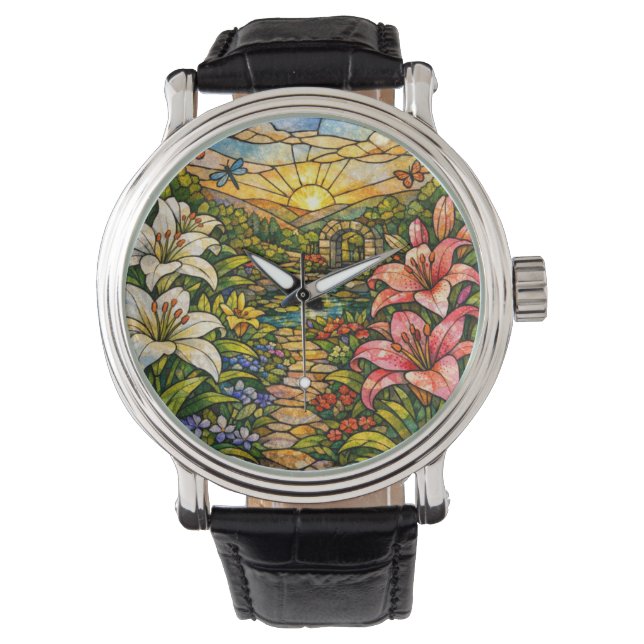 Reloj De Pulsera Vidrieras de Lirios y Sol (Anverso)
