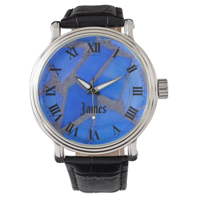 Reloj De Pulsera Vidrio manchado de mosaico azul Lapis y tu nombre (Anverso)