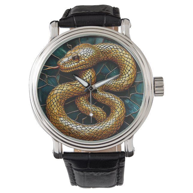 Reloj De Pulsera Vidrio manchado de serpiente dorada (Anverso)