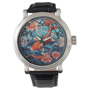 Reloj De Pulsera Vidrio Manchado estilo asiático Koi Fish y Camelli
