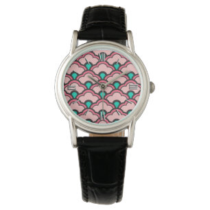 Reloj De Pulsera Vieiras chinas, rosa coral y turquesa
