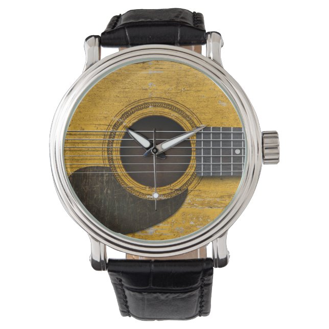 Reloj De Pulsera Vieja guitarra acústica envejecida y gastada con g (Anverso)