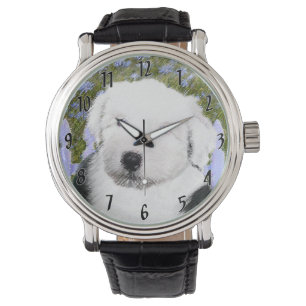 Reloj De Pulsera Viejo perro pastor inglés con pintura de cachorros