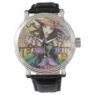 Reloj De Pulsera Vientos de Halloween Fantasy Witch Cat Art