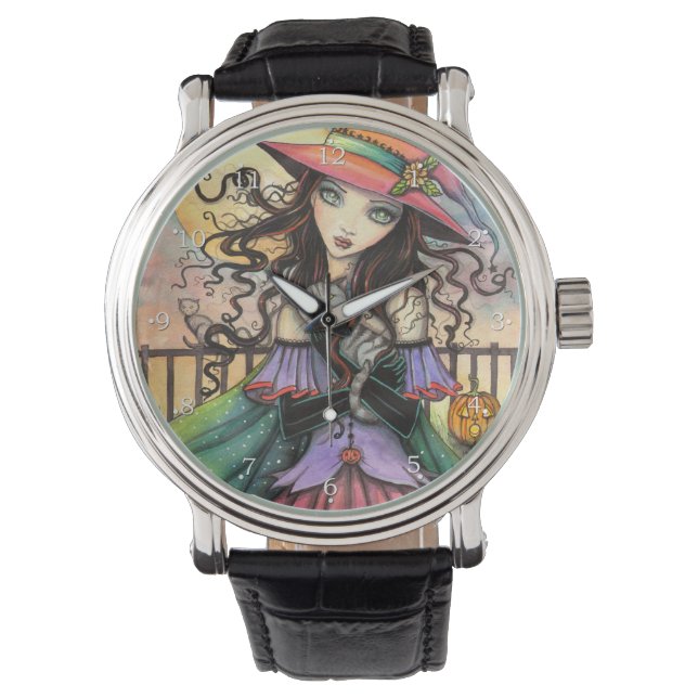 Reloj De Pulsera Vientos de Halloween Fantasy Witch Cat Art (Anverso)
