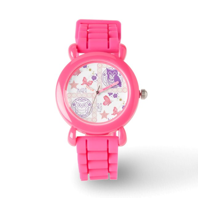 Reloj De Pulsera Vigilan a búhos y mariposas dobles y niños rosados (Anverso)