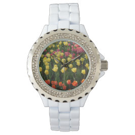 Reloj De Pulsera Vigilancia blanca con tulipanes multicolores