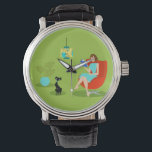 Reloj De Pulsera Vigilancia de la mujer retro<br><div class="desc">Este reloj retro de mujeres que leen presenta un estilo de los años 60, arte minimalista, dibujo personalizado de una mujer que tiene sus prioridades en orden. Esta encantadora lombriz de libros está llena de un verdadero guiño de páginas. La morena es muy agradable y lleva un vestido de agua...</div>